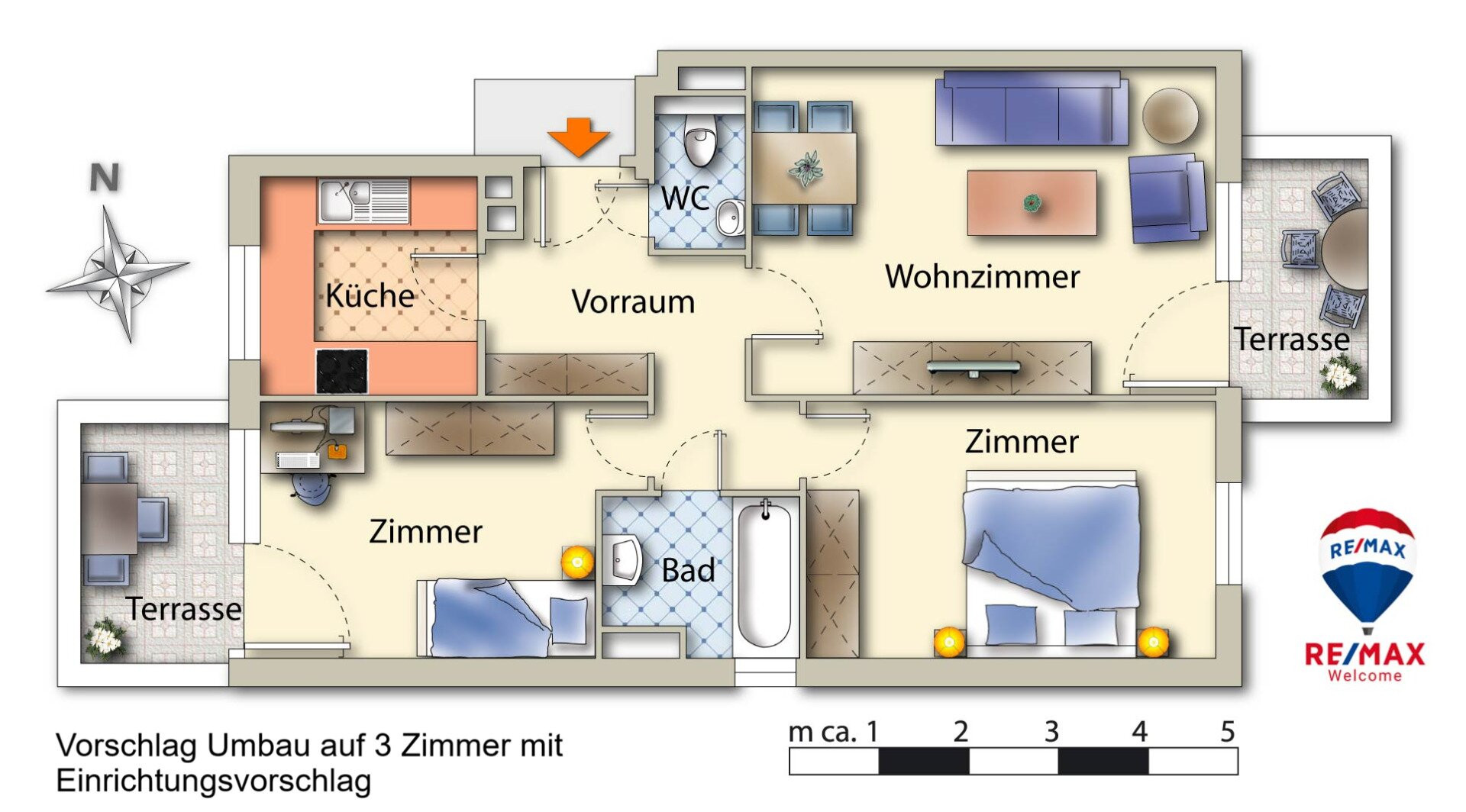 1160 Grundriss Vorschlag Umbau auf 3 Zimmer
