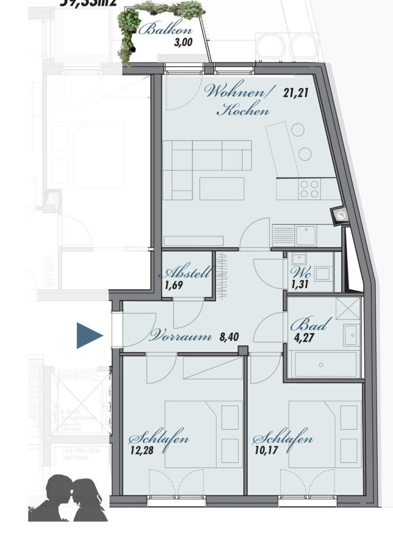 Wohnungsplan ca. 60 m² + Balkon