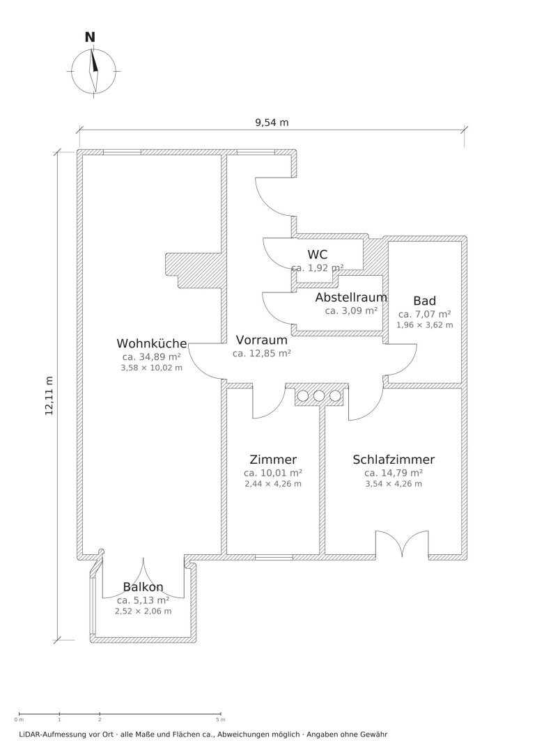 Grundriss (LiDAR-Aufmessung, Maße und Flächen ca.)