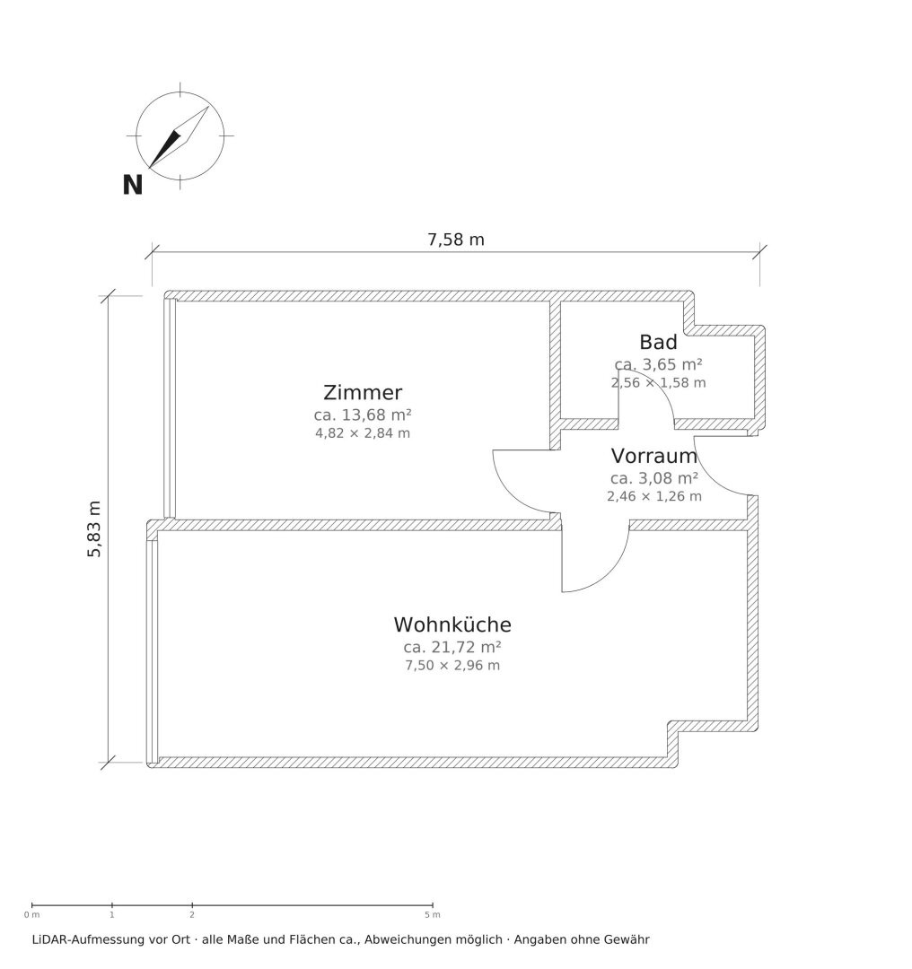 Grundriss (LiDAR-Aufmessung, Maße und Flächen ca.)