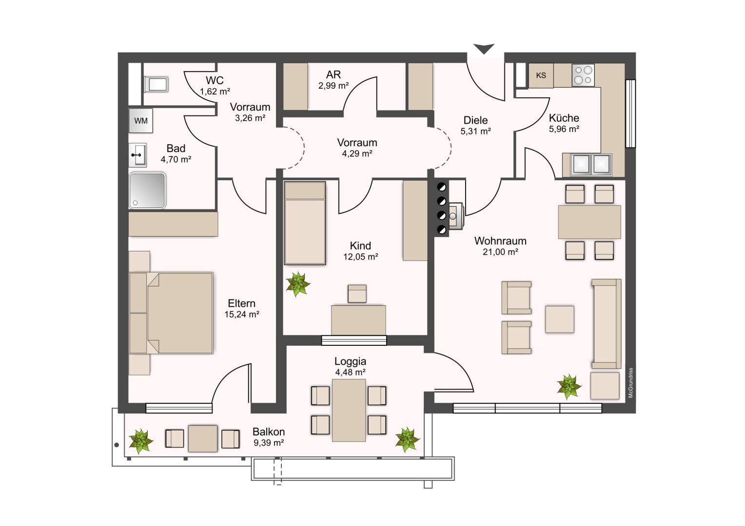 Grundriss | 3-Zimmer-Wohnung mit Balkon & Loggia