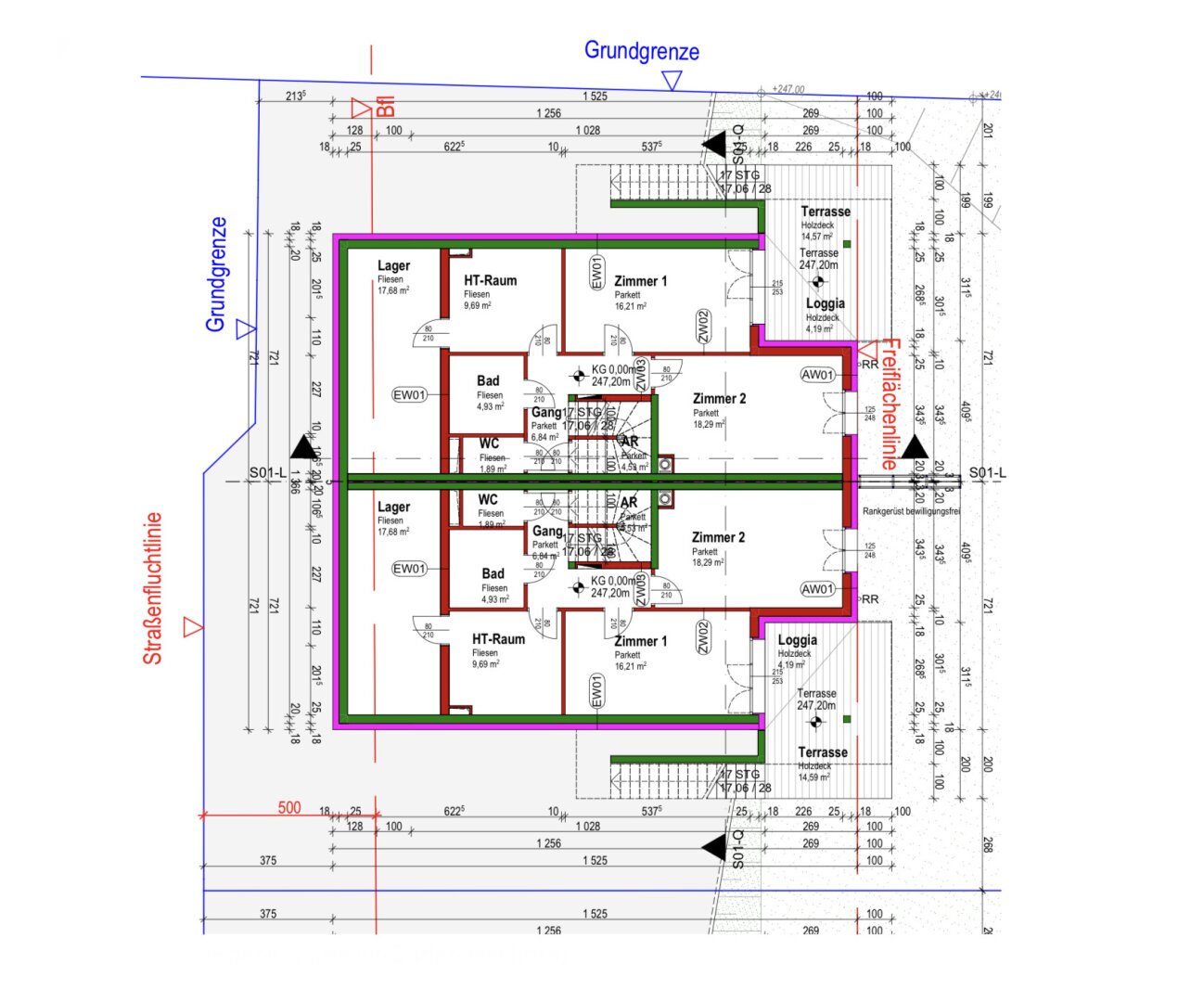 782 m² Grundstück | Doppelhaus | ca. 385 m² Wohnnutzfläche möglich | Eigengärten bis ca. 357,9 m² gesamt |  Baubewilligt