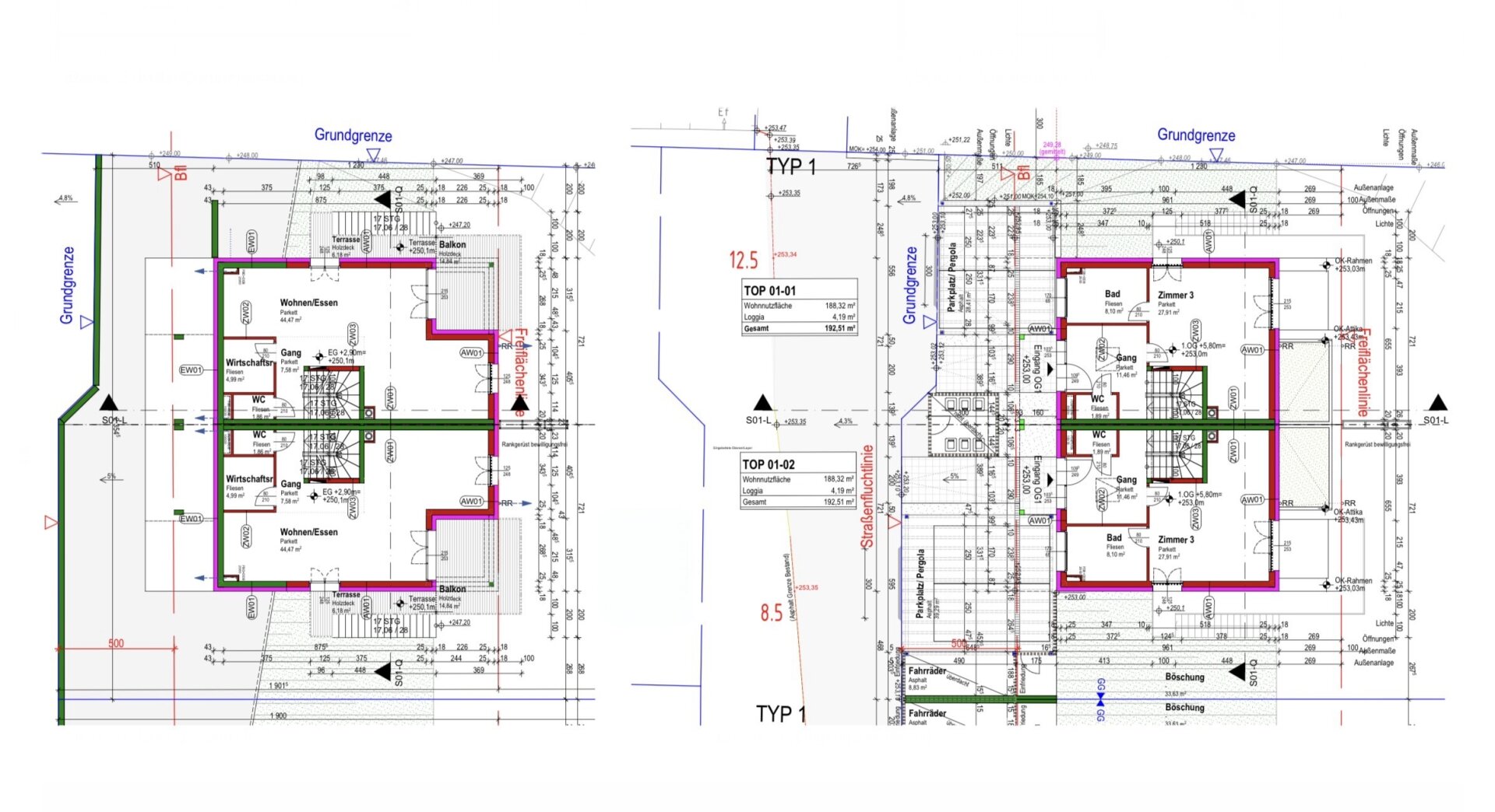 782 m² Grundstück | Doppelhaus | ca. 385 m² Wohnnutzfläche möglich | Eigengärten bis ca. 357,9 m² gesamt |  Baubewilligt