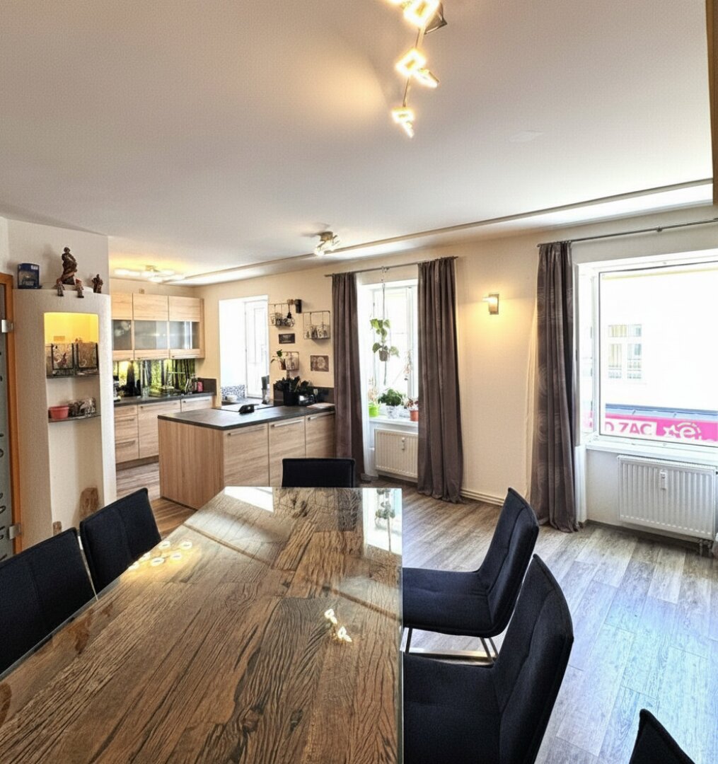 Esszimmer mit Blick in Einbauküche