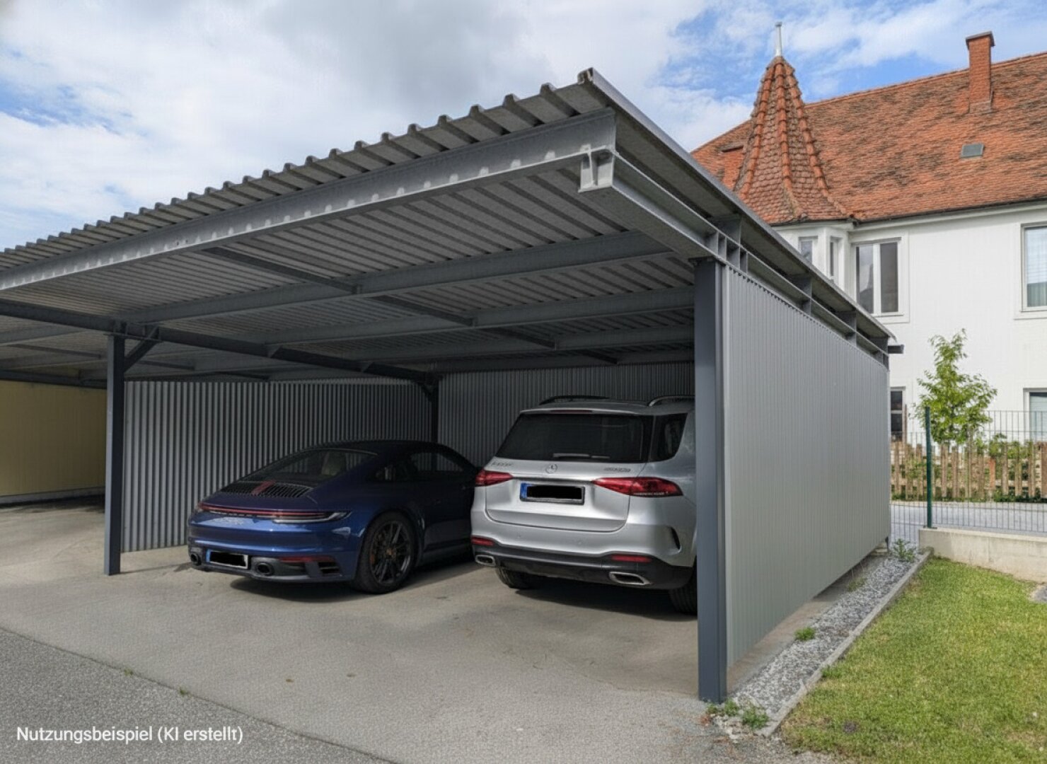 Carport: dargestellte Autos als Beispiel (mit KI erstellt)