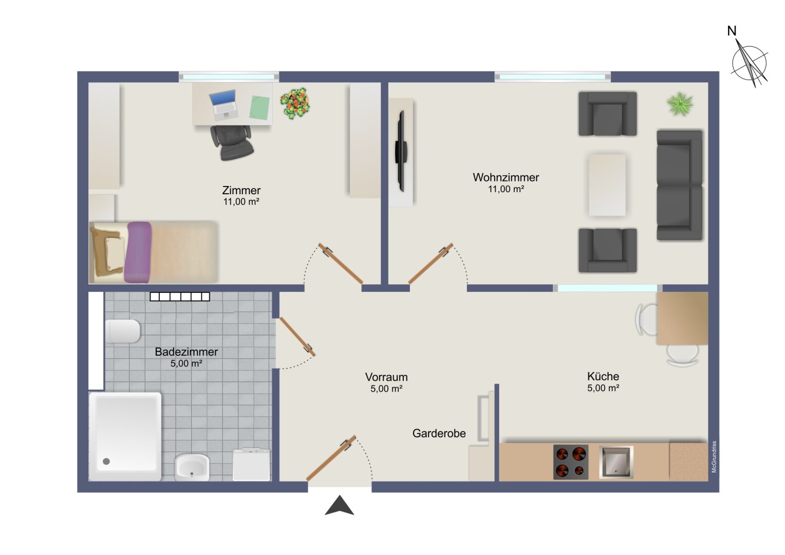 Grundriss: ca. 37 m² Wohnfläche