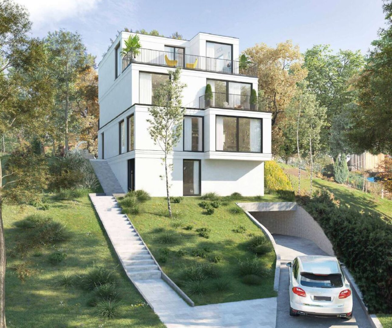 Baugenehmigte Villa am Grundstück - Zufahrtsseite (Visualisierung)