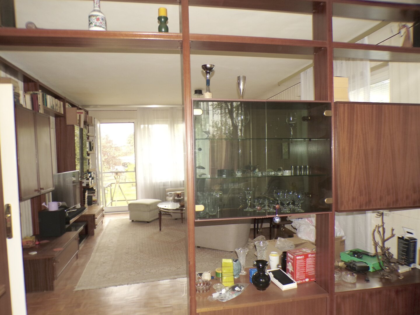 Rechte Hälfte: Wohnzimmer mit Raumteiler und Ausgang auf die Terrasse