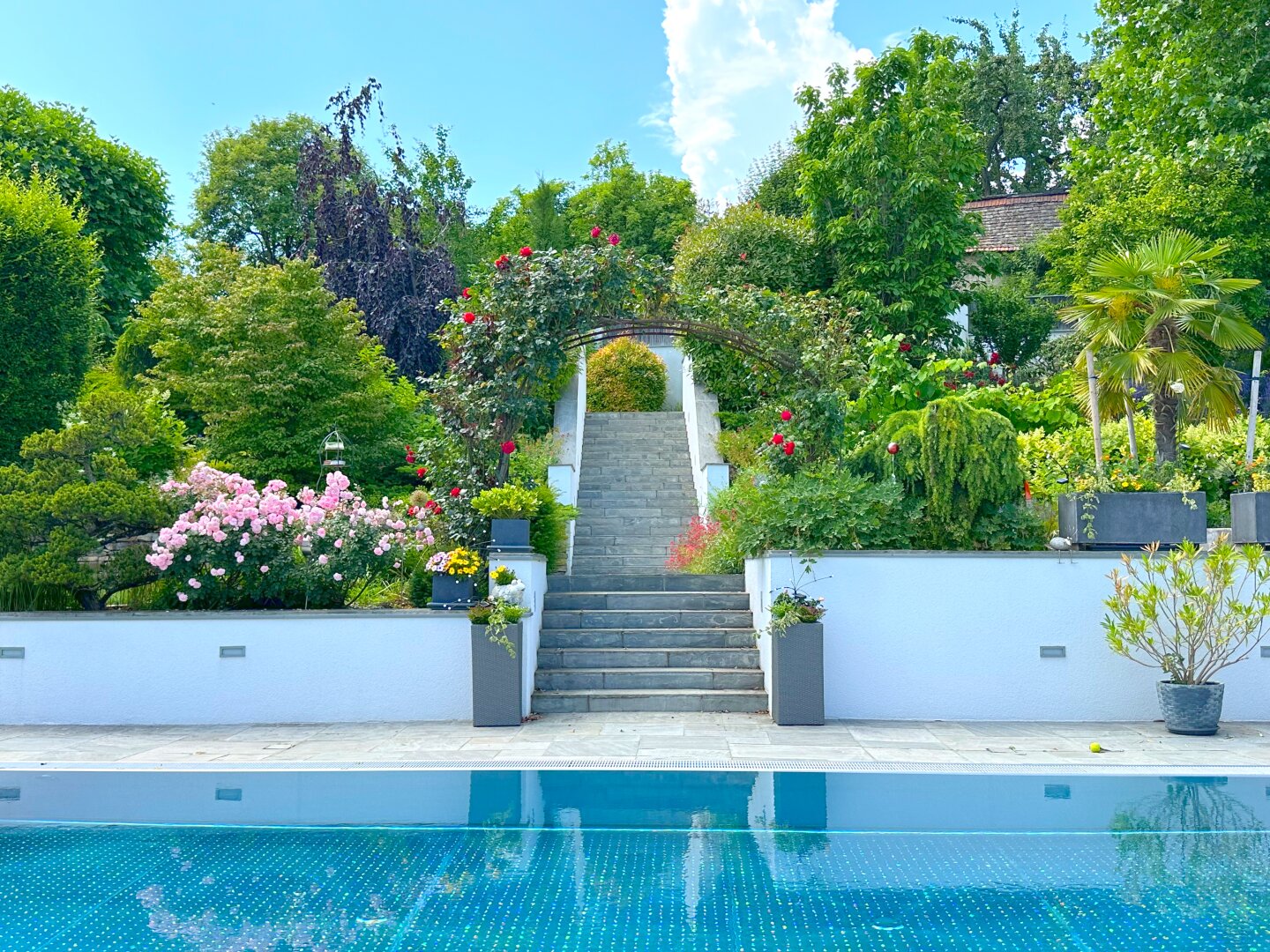 Traumgarten mit Pool, Koi-Teich und Wasserspielen