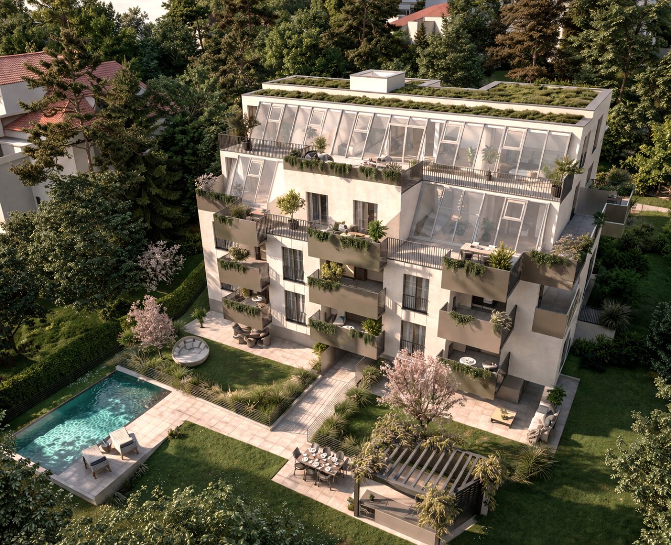 Fast bezugsfertig: Stilvolle 3-Zimmer-Erstbezugswohnung mit Balkon und exklusivem Poolzugang im Gemeinschaftsgarten