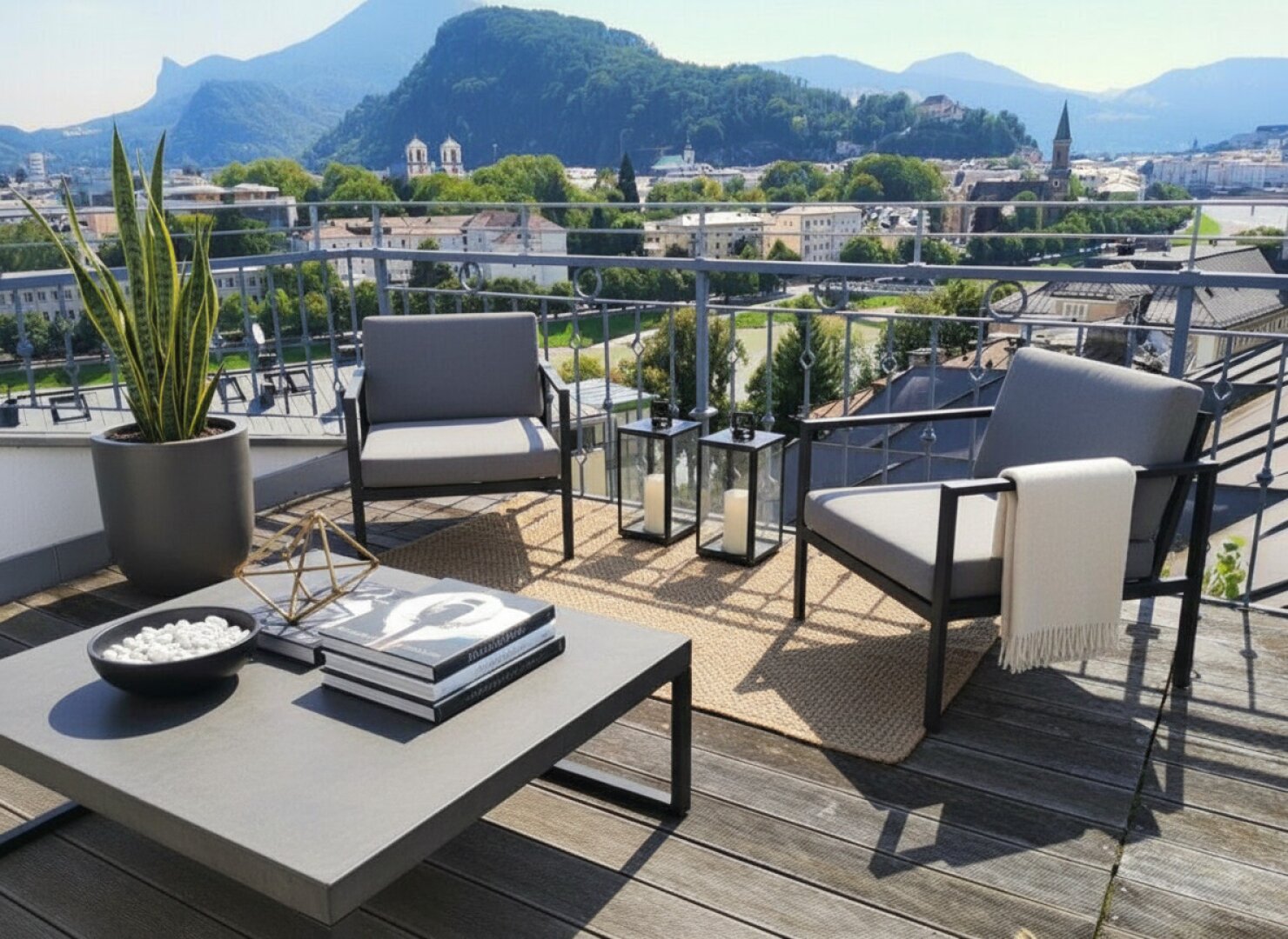 Dachterrasse mit 360°-Panoramablick - Möbel und Dekoration KI-generiert