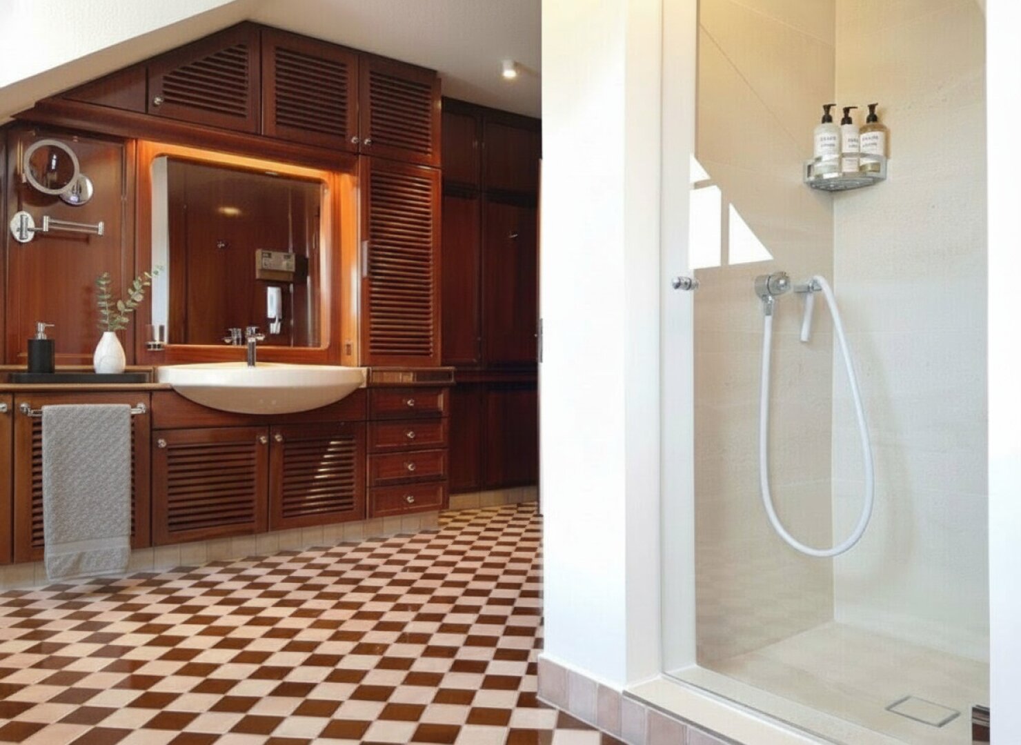 Bad mit Wannengrotte, Dusche und Sauna - Dekoration KI-generiert