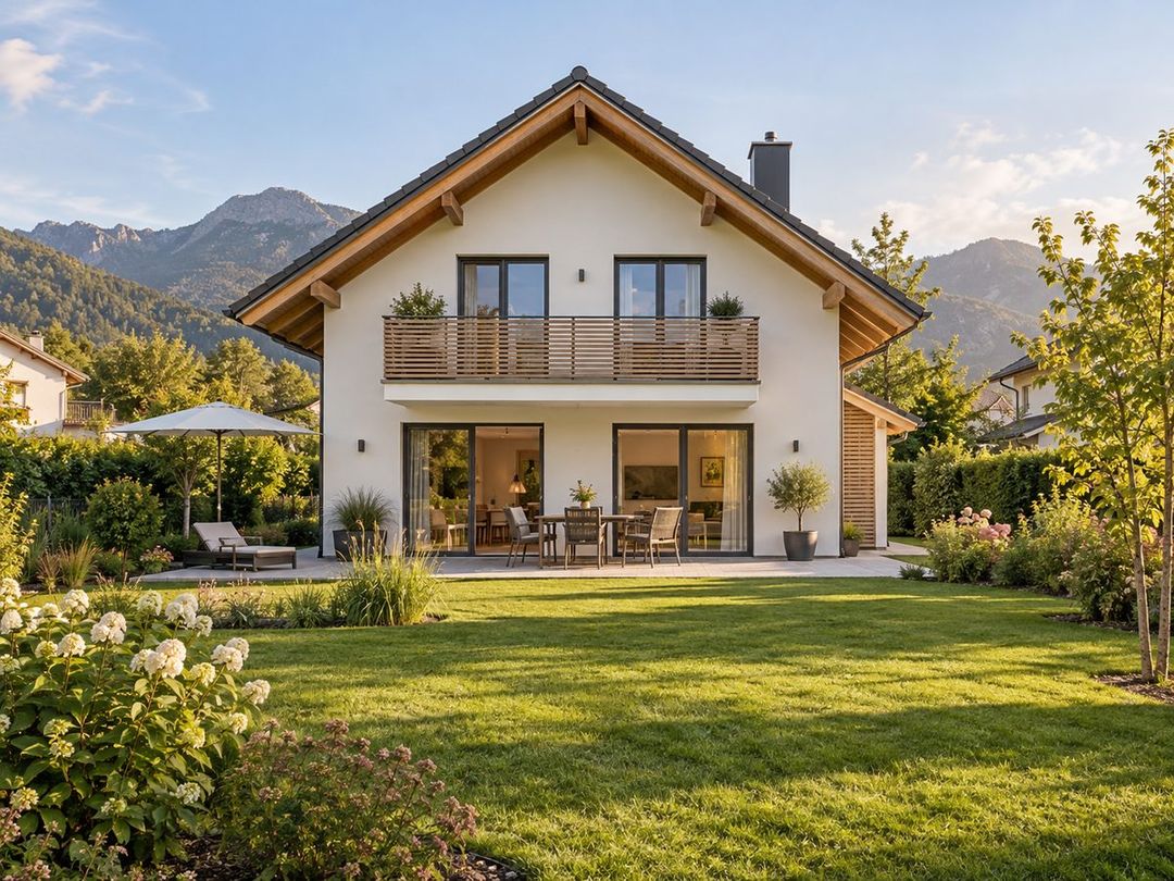 Detached house with garden and mountain backdrop