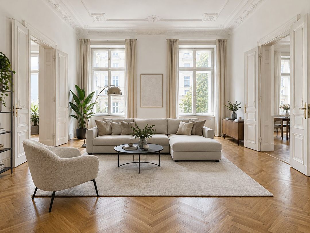 Bright period living room with herringbone parquet and double doors