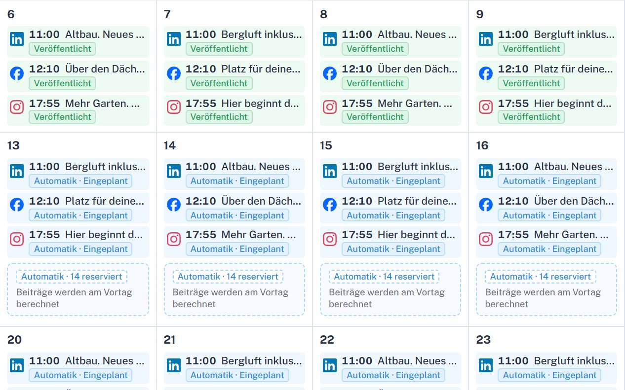 Calendar in Immosearch: last week published, the coming week planned with three posts per day