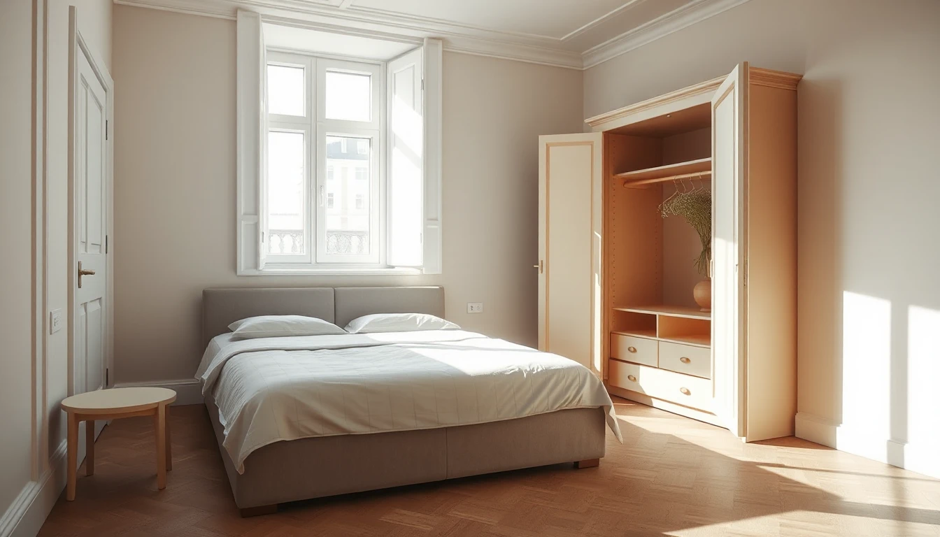 KI-Symbolbild: Ein heller Altbau-Raum mit gemachtem Doppelbett, offenem leerem Kleiderschrank und hohem Fenster im Morgenlicht.