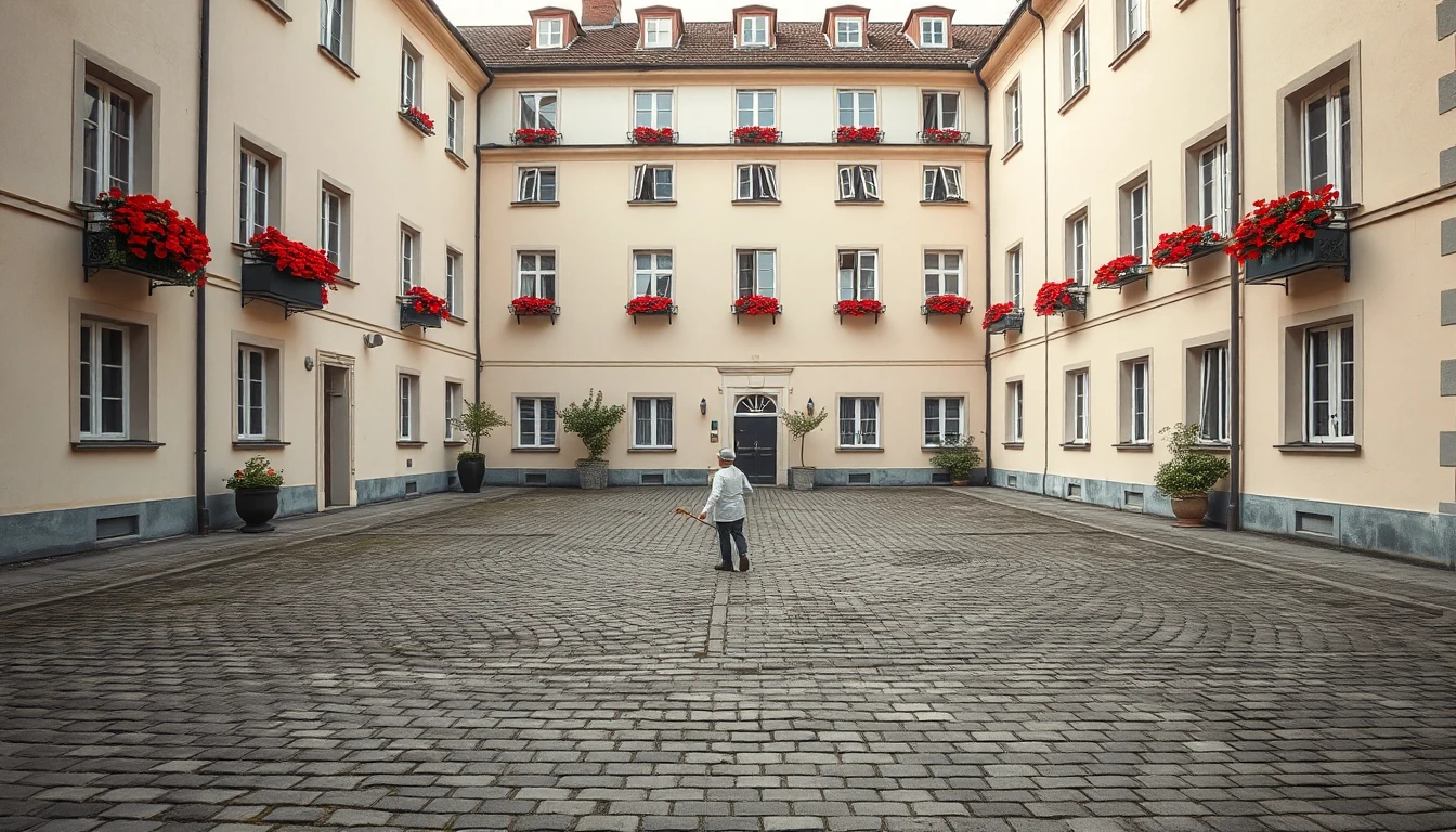 KI-Symbolbild: Gepflasterter Innenhof eines hellen Wohnhauses mit roten Geranien an den Fenstern, in der Mitte kehrt ein Hausbetreuer den Hof.