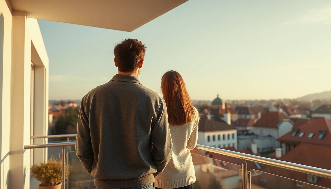 KI-Symbolbild: Zwei Personen stehen von hinten gesehen auf dem Balkon einer hellen Neubauwohnung und blicken im warmen Nachmittagslicht über die Dächer einer Stadt.