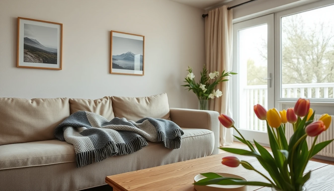KI-Symbolbild: Für den Verkauf hergerichtetes Wohnzimmer mit Sofa, gefalteter Decke, Tulpen auf dem Couchtisch und heller Balkontür.