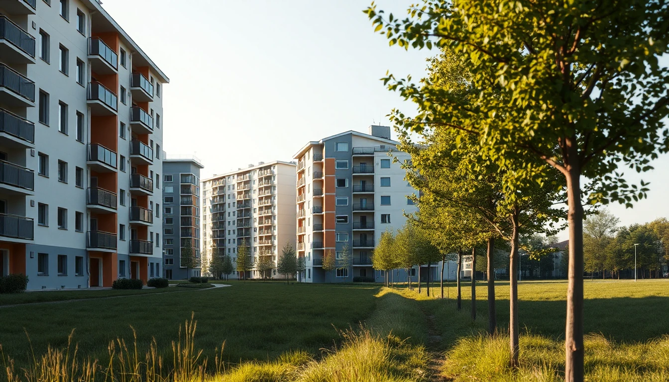 KI-Symbolbild: Mehrere ähnliche Neubau-Wohnhäuser mit farbigen Balkonen hinter einer Wiese mit jungen Bäumen im Morgenlicht.