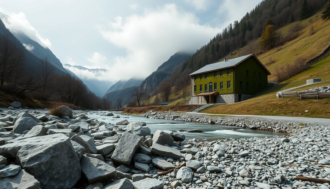 KI-Symbolbild: Ein Gebirgsbach mit breitem Steinufer in einem Alpental, daneben ein Haus am Hang und Berge in tiefen Wolken.