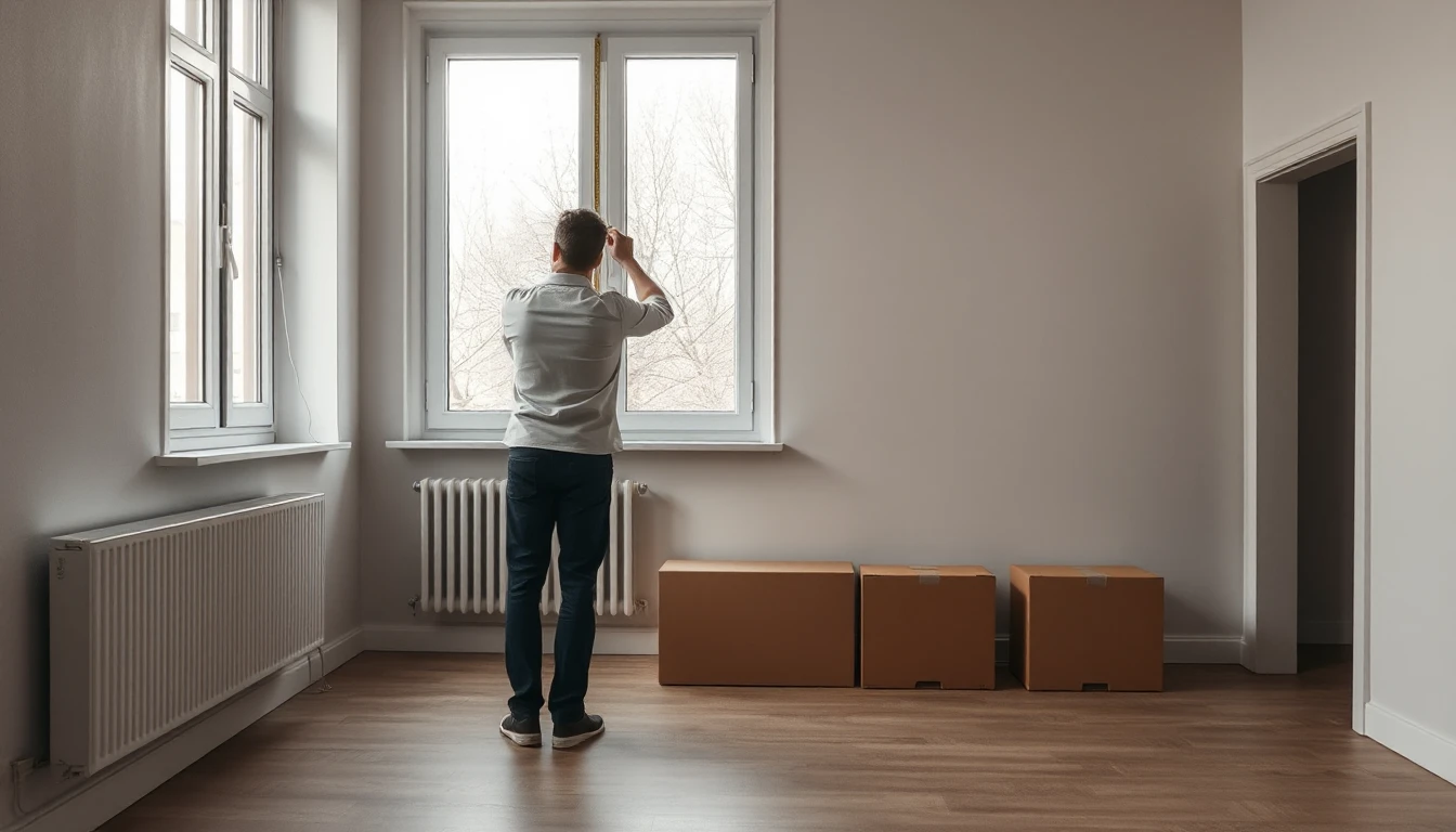 KI-Symbolbild: Eine Person steht von hinten gesehen am Fenster einer leeren Altbauwohnung und misst es aus, daneben stehen schlichte Umzugskartons.