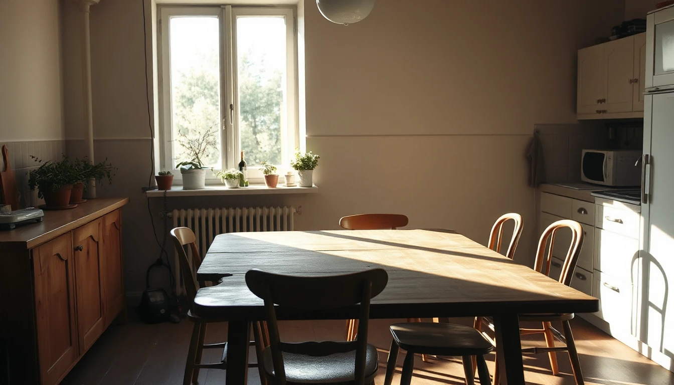 KI-Symbolbild: Gemeinschaftsküche einer Altbauwohnung mit langem Holztisch, unterschiedlichen Stühlen und Kräutertöpfen auf dem sonnigen Fensterbrett.