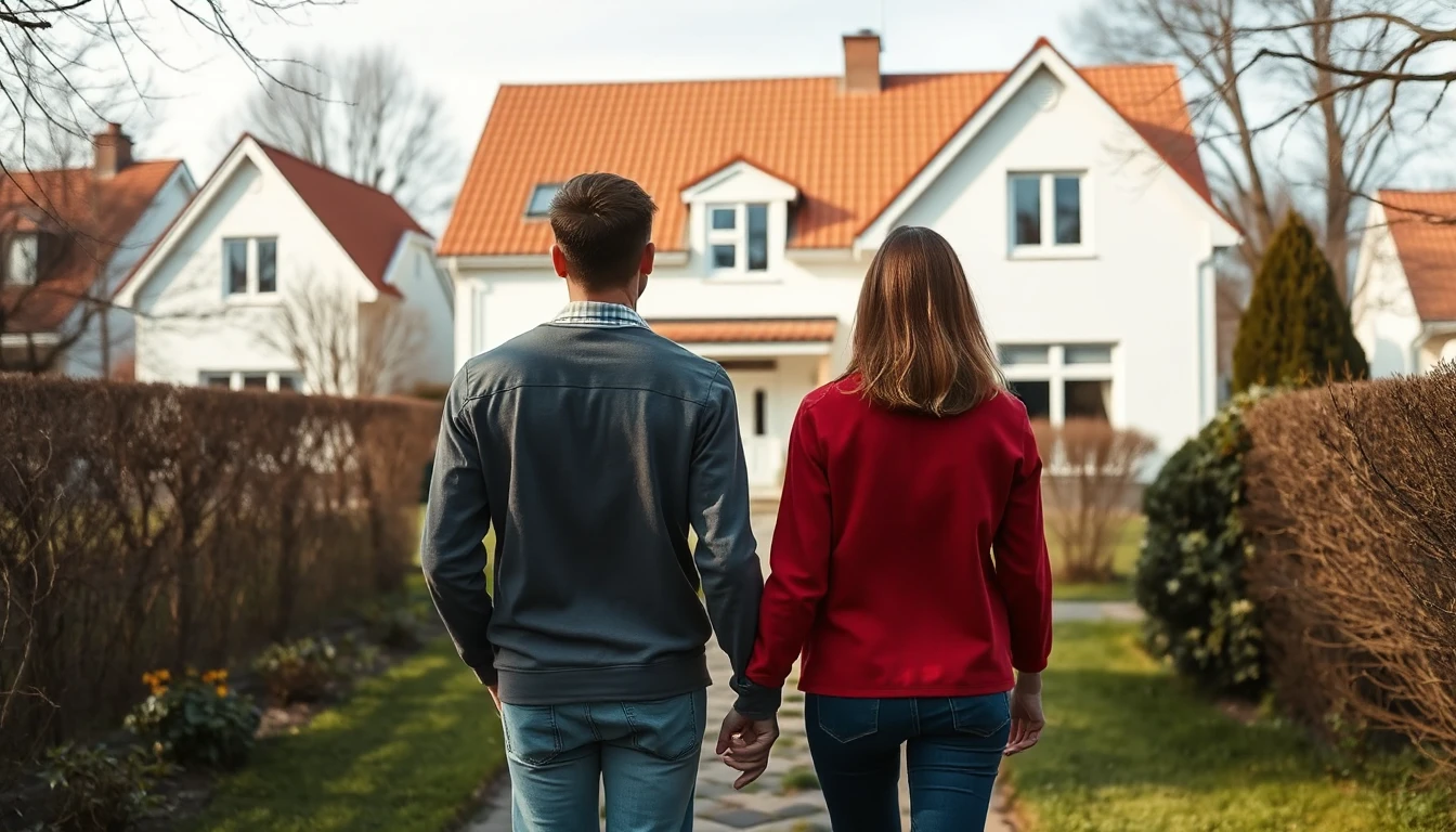 KI-Symbolbild: Ein Paar geht von hinten gesehen Hand in Hand über einen Gartenweg auf ein weißes Einfamilienhaus mit rotem Ziegeldach in einer Vorstadtsiedlung zu.