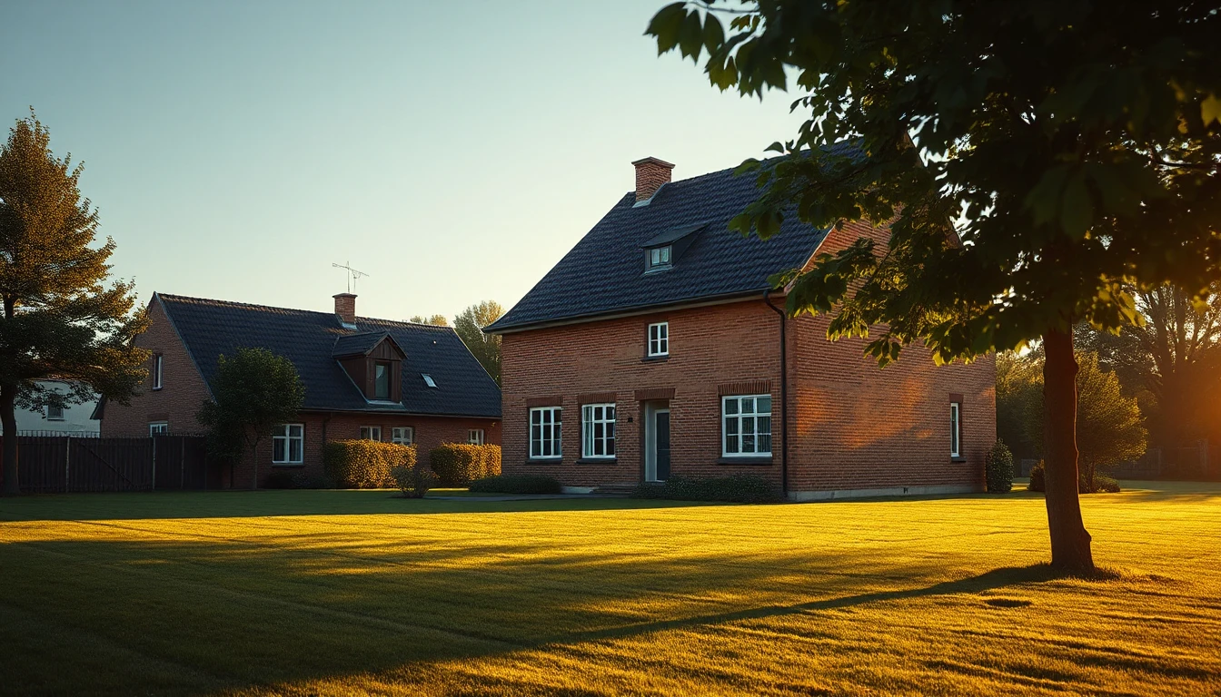 KI-Symbolbild: Klassisches Backstein-Einfamilienhaus mit dunklem Ziegeldach hinter einem gepflegten Rasen mit langen Abendschatten.
