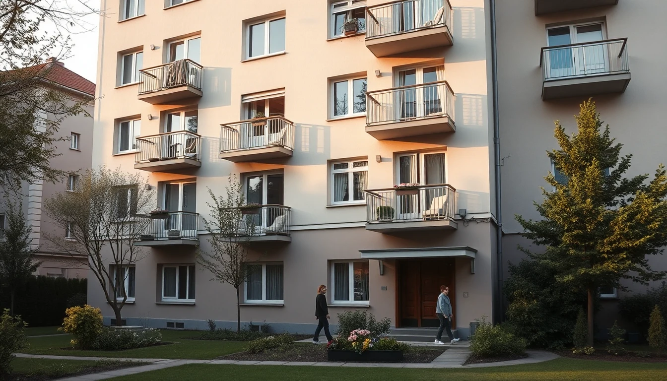 KI-Symbolbild: Ein Mehrfamilienhaus mit Balkonen und gepflegtem Vorgarten, zwei Personen gehen klein zum Eingang.