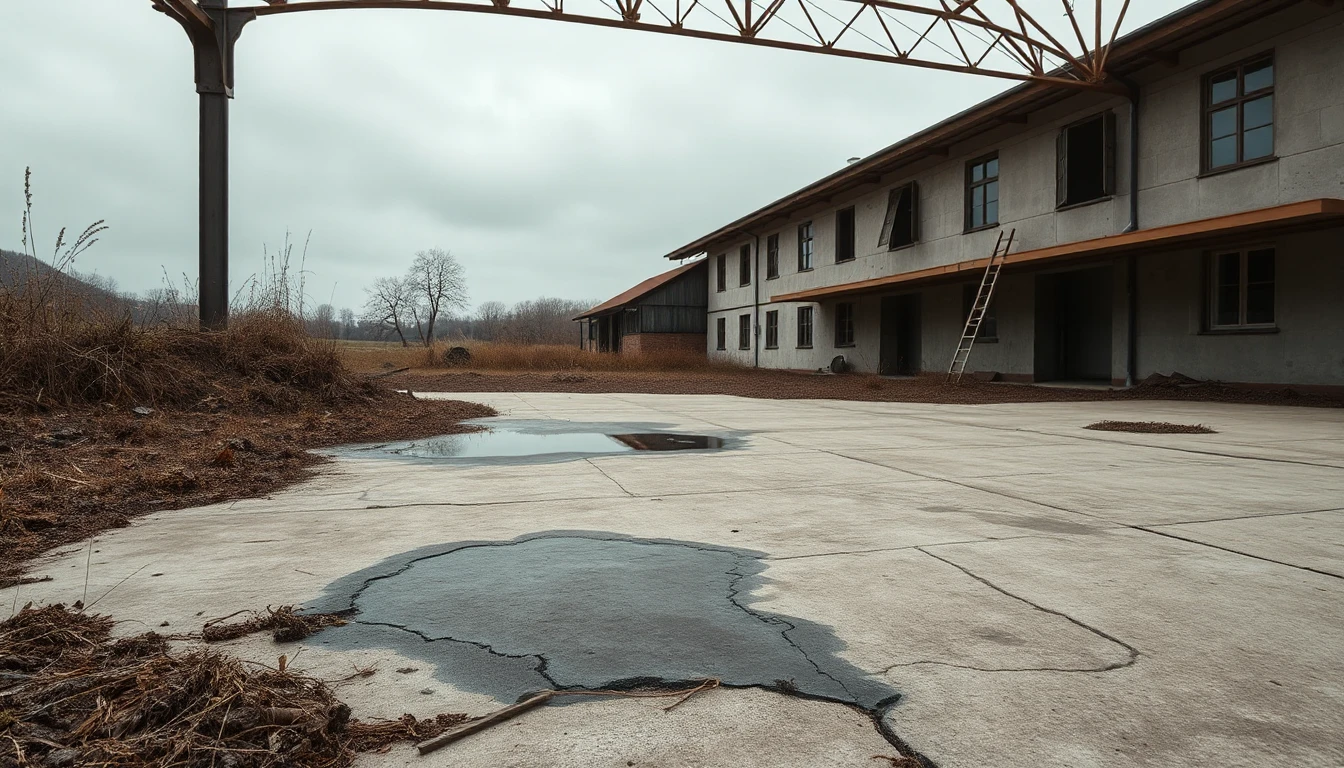 KI-Symbolbild: Eine rissige Betonplatte mit dunklem Ölfleck auf einem geräumten Grundstück, daneben ein altes Werkstattgebäude unter grauem Himmel.