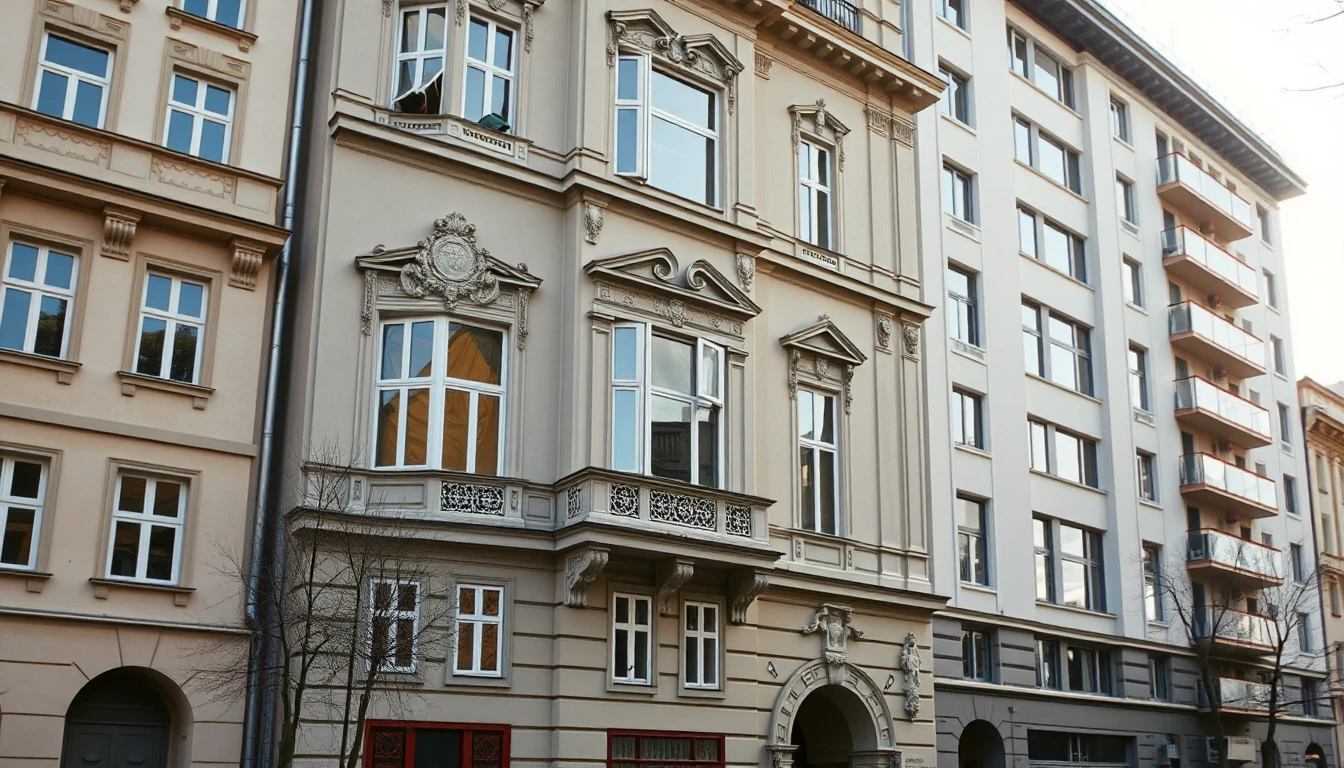 KI-Symbolbild: Eine Gründerzeitfassade mit Stuckverzierungen neben einem modernen Wohnhaus im weichen Licht.