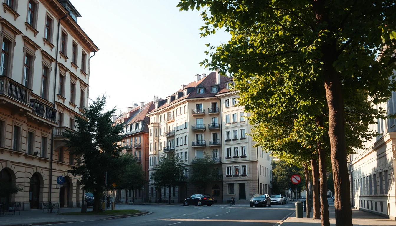 KI-Symbolbild: Eine Reihe sanierter Altbauten an einer ruhigen, baumbestandenen Straße im Abendlicht.