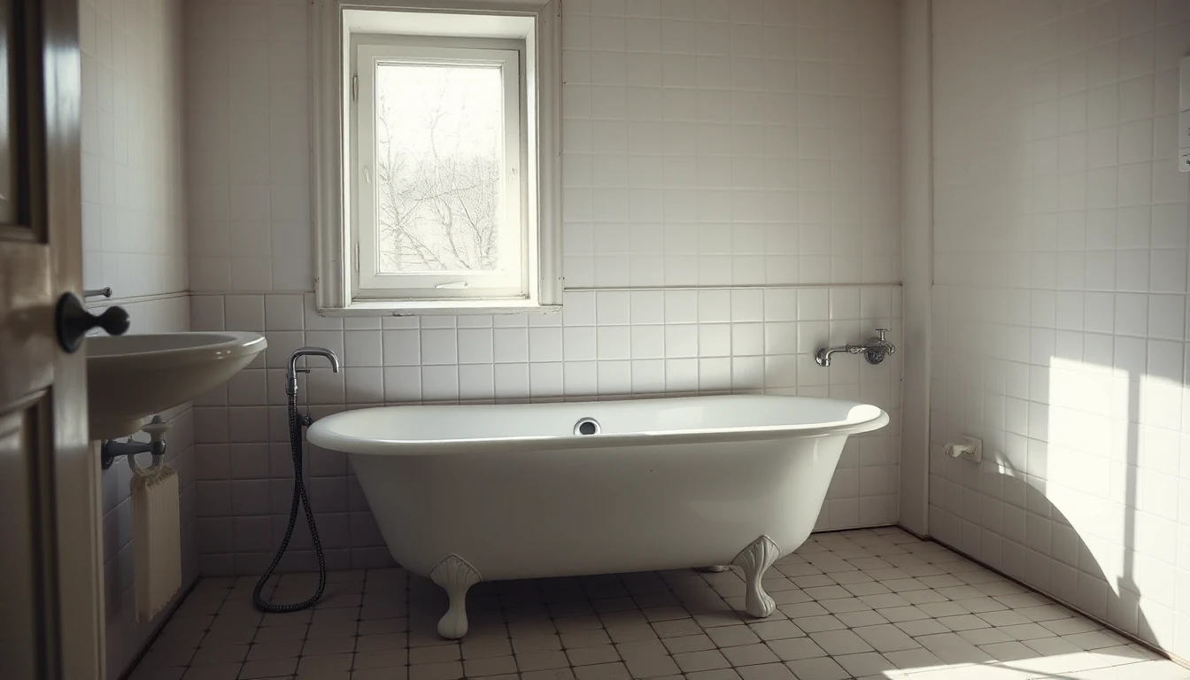 KI-Symbolbild: Ein schlichtes, älteres Badezimmer mit weißer Badewanne, weißen Fliesen und einem kleinen Fenster.