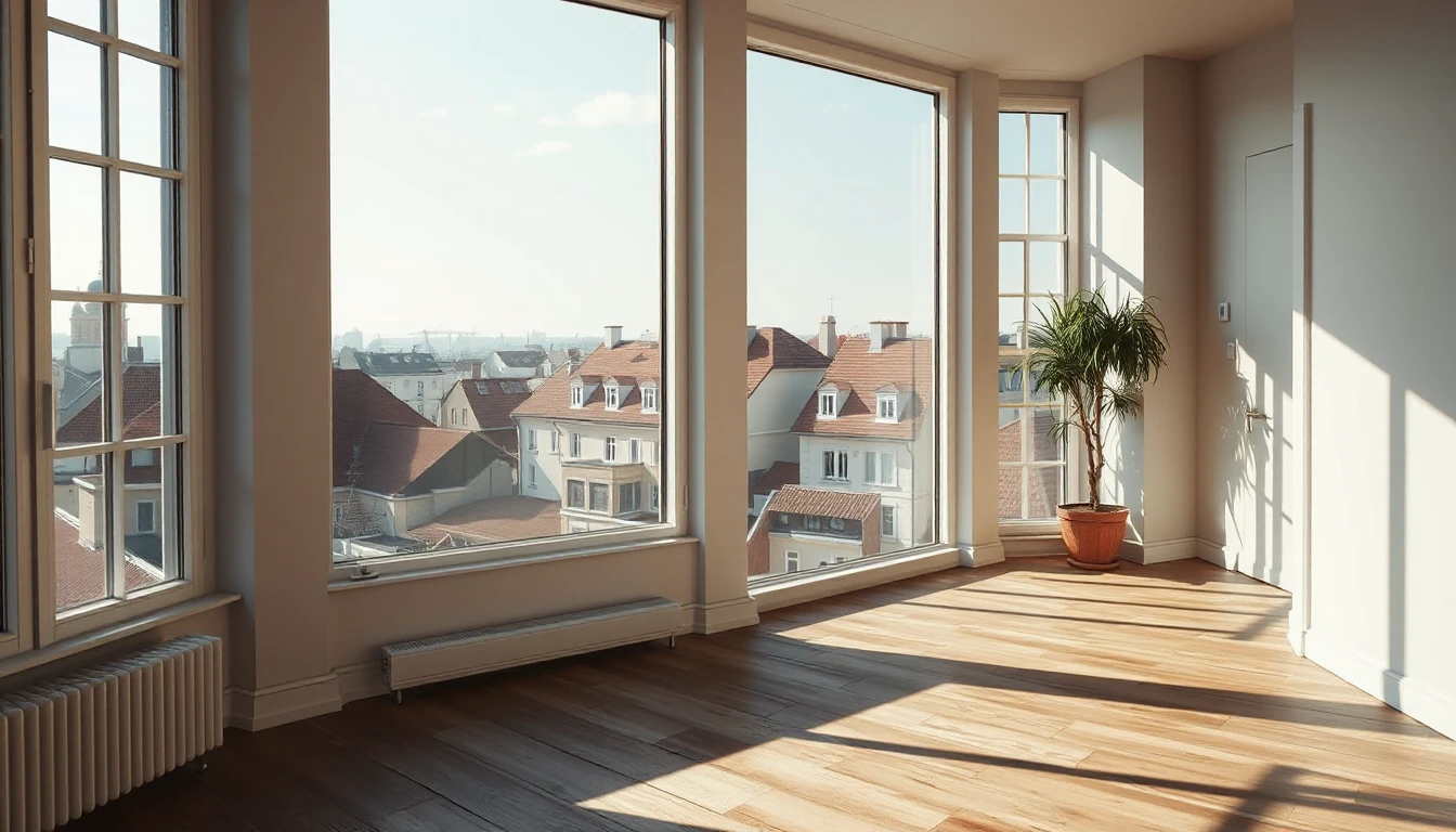 KI-Symbolbild: Eine helle, großzügige Wohnung mit großen Fenstern und Blick über die Stadtdächer.