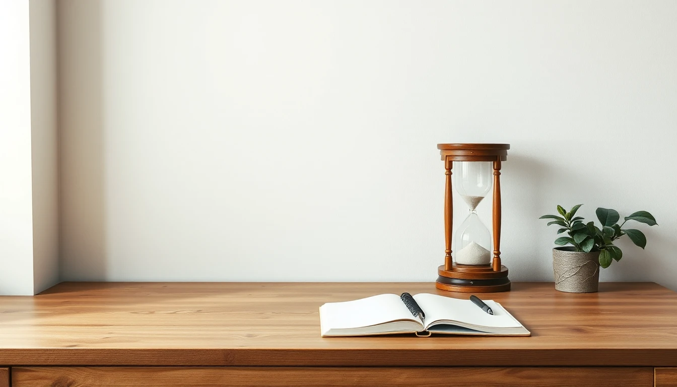 KI-Symbolbild: Heller Holzschreibtisch vor einer weißen Wand mit Sanduhr, kleiner Grünpflanze und aufgeschlagenem Notizbuch.