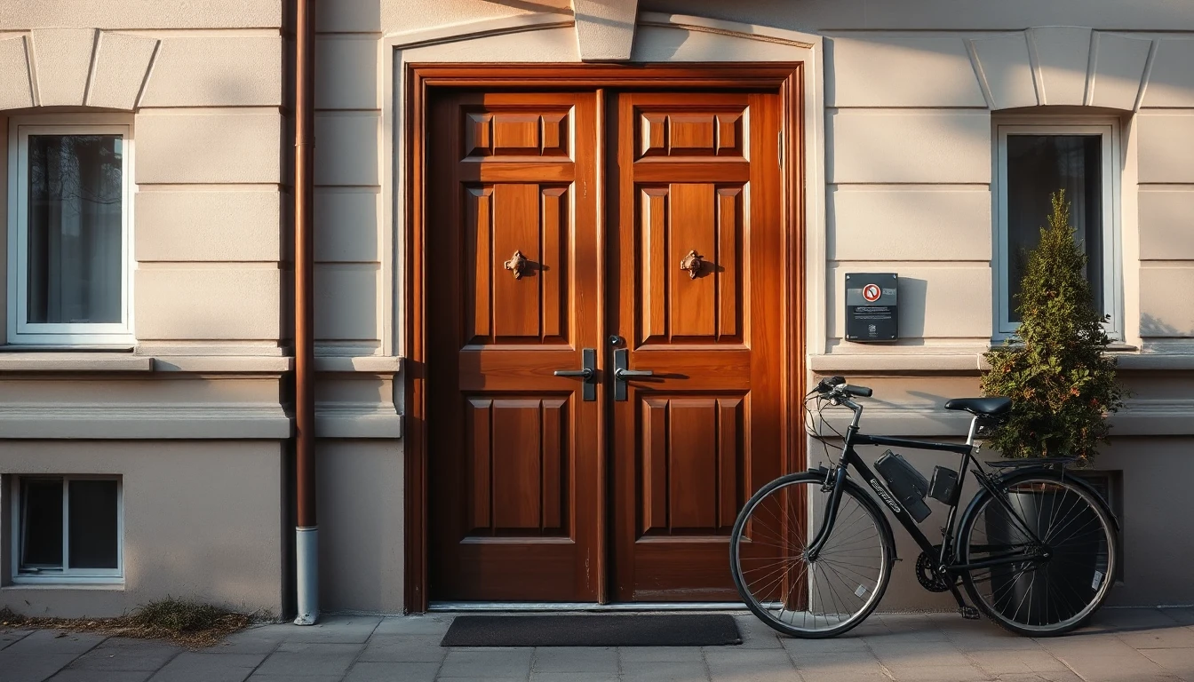 KI-Symbolbild: Ein Hauseingang mit schwerem Holztor, davor ein angelehntes Fahrrad im frühen Morgenlicht.