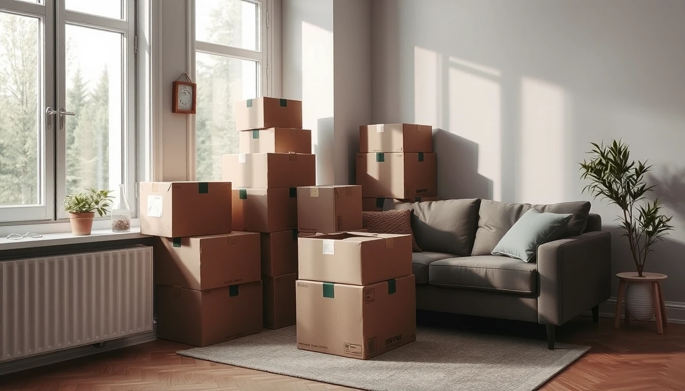 KI-Symbolbild: Ein möbliertes Wohnzimmer mit gestapelten Umzugskartons und einem Sofa am Fenster im Tageslicht.