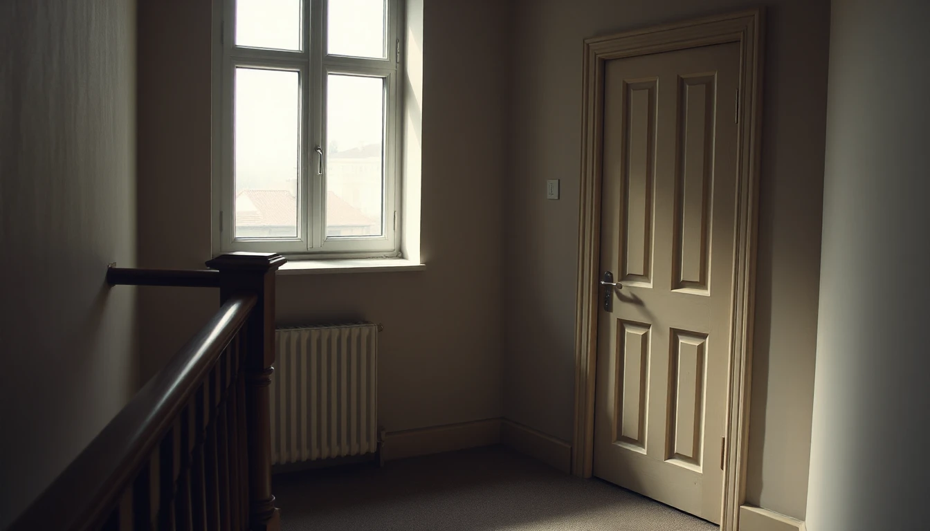 KI-Symbolbild: Ein ruhiges Treppenhaus mit Holzgeländer und einer geschlossenen Wohnungstür neben einem Fenster.