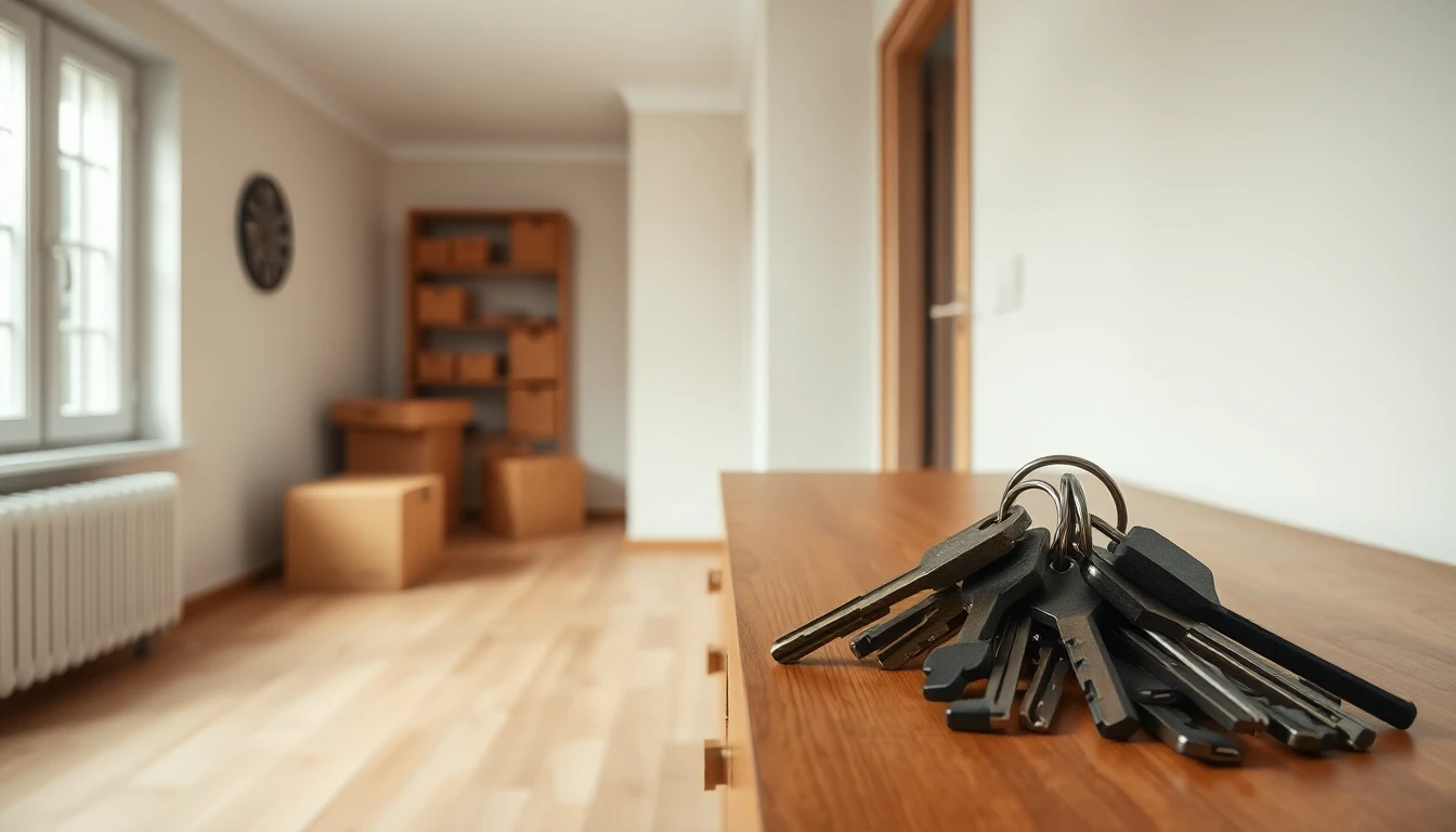 KI-Symbolbild: Schlüsselbund auf einer Holzkommode in einem hellen, leeren Wohnungsflur mit Umzugskartons im Hintergrund.