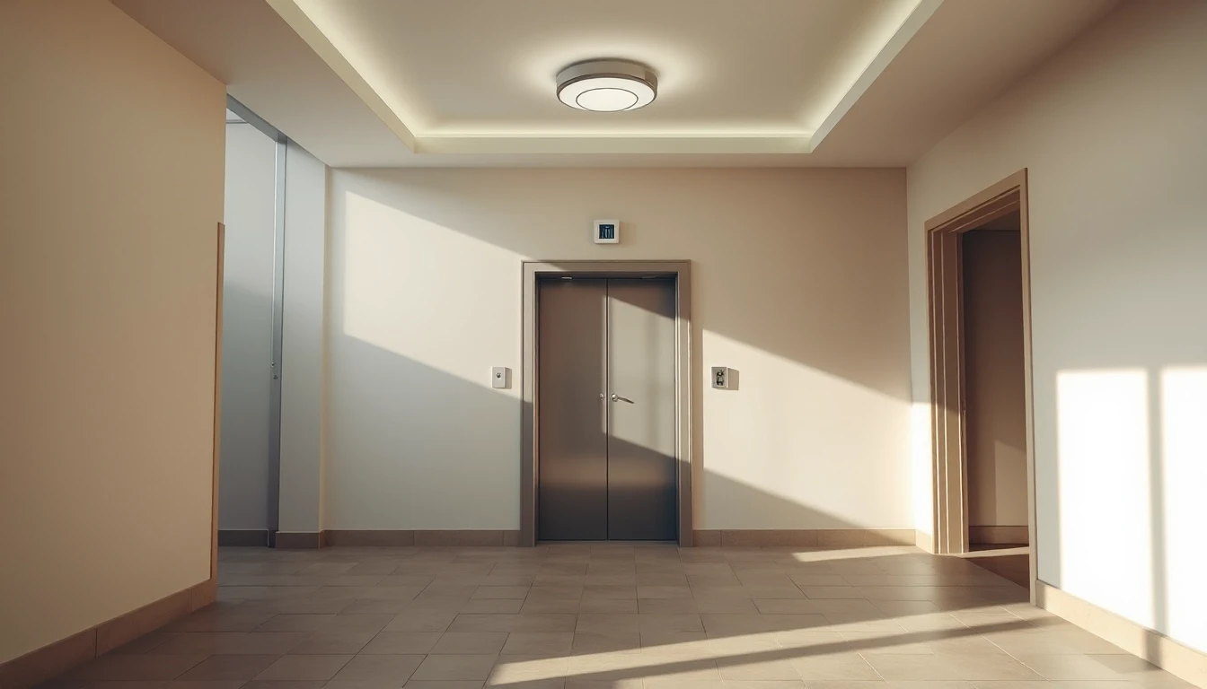 KI-Symbolbild: Eine saubere Eingangshalle eines Wohnhauses mit Fliesenboden, Aufzugstür und hellen Deckenlampen.