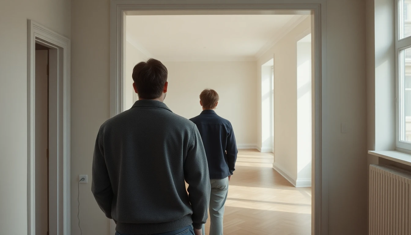 KI-Symbolbild: Zwei Personen von hinten bei einer Wohnungsbesichtigung vor einem hellen, leeren Raum.