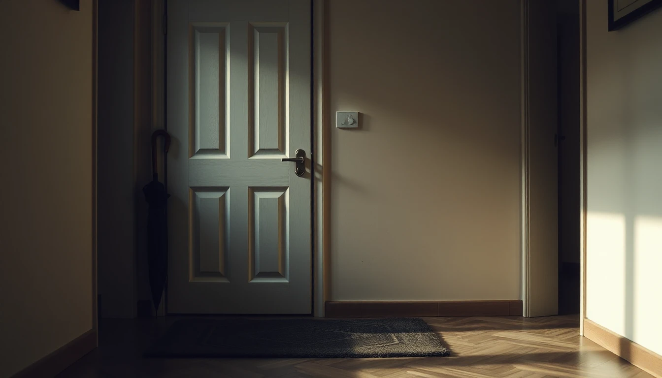 KI-Symbolbild: Eine geschlossene Wohnungstür in einem Flur mit Fußmatte und einem angelehnten Regenschirm.