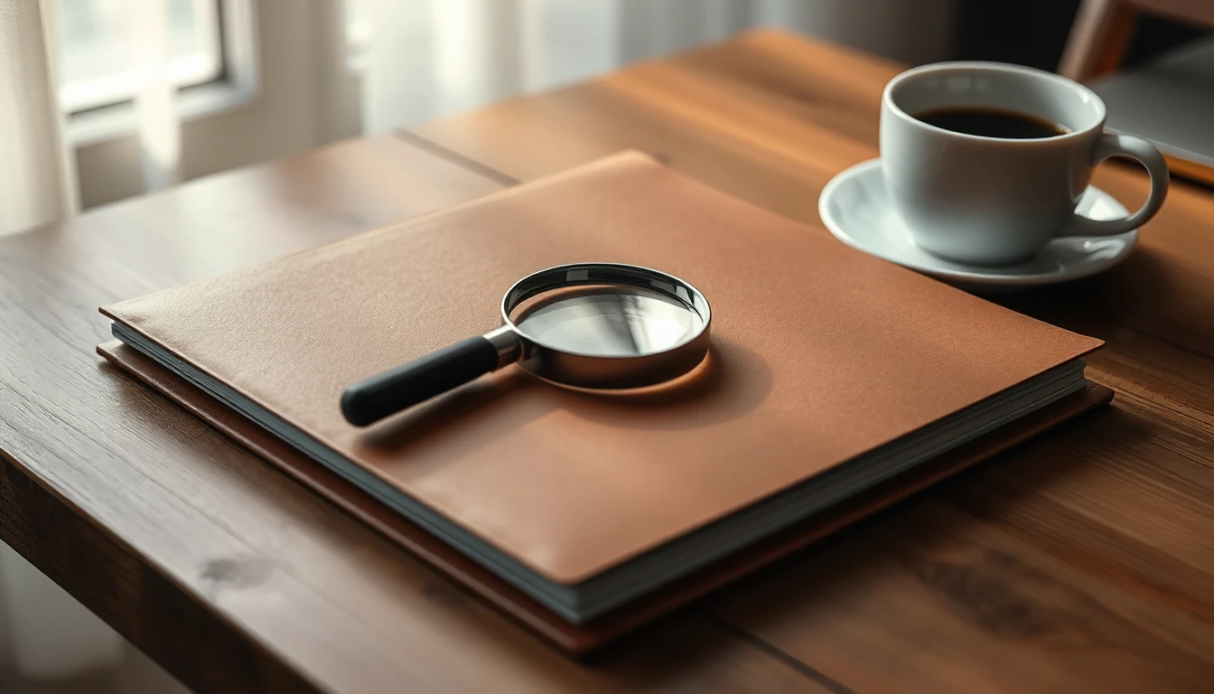 KI-Symbolbild: Eine Lupe liegt auf einer geschlossenen braunen Mappe auf einem Holztisch, daneben eine Tasse Kaffee.