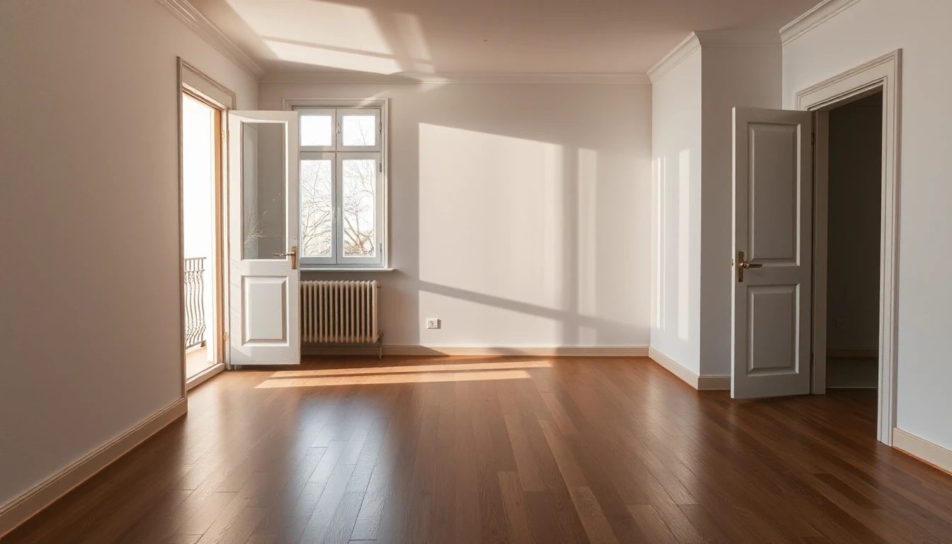 KI-Symbolbild: Eine helle, leere Wohnung mit Parkettboden, Sonnenlicht und einer offenen Balkontür.