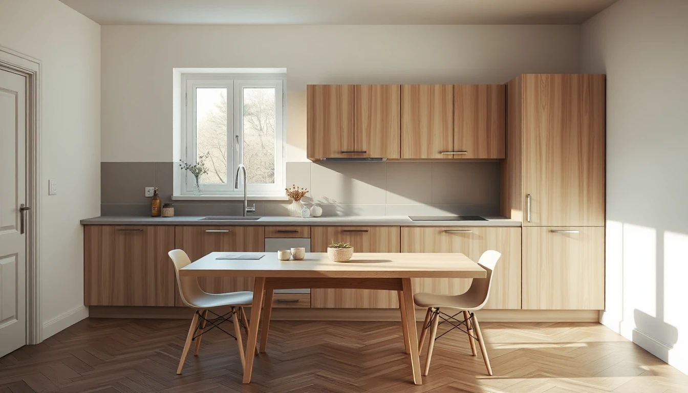 KI-Symbolbild: Eine Einbauküche mit hellen Holzfronten und einem Esstisch mit Stühlen in einer sonnigen Wohnung.