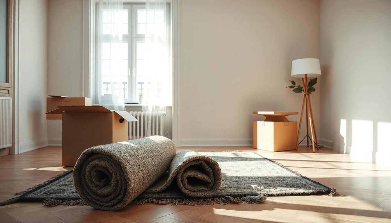 KI-Symbolbild: Ein paar Umzugskartons, ein eingerollter Teppich und eine Stehlampe in einem hellen, leeren Wohnzimmer.