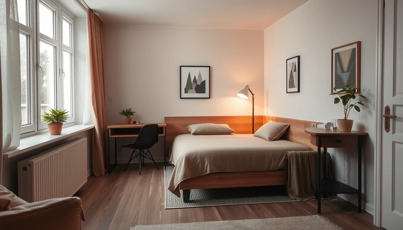 KI-Symbolbild: Ein gemütliches kleines Gästezimmer mit Bett, Schreibtisch, Pflanzen und warmem Licht.