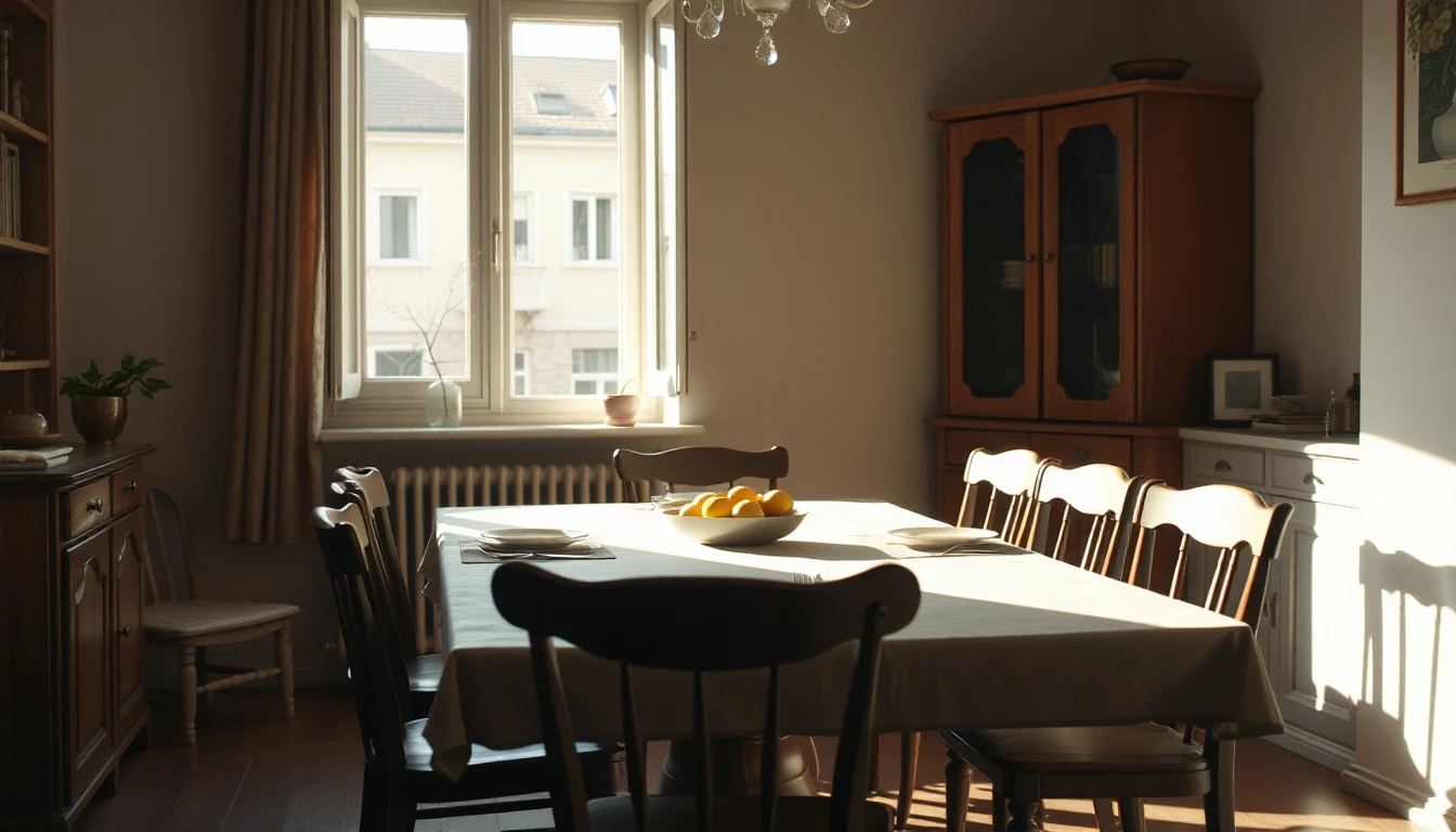 KI-Symbolbild: Ein Esstisch mit Holzstühlen und einer Obstschale in einer älteren Wohnung, durch das Fenster sieht man einen Innenhof.