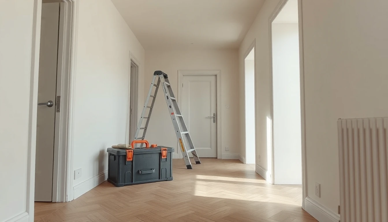 KI-Symbolbild: Eine Werkzeugkiste und eine Leiter stehen in einem hellen Wohnungsflur mit frisch gestrichenen Wänden.